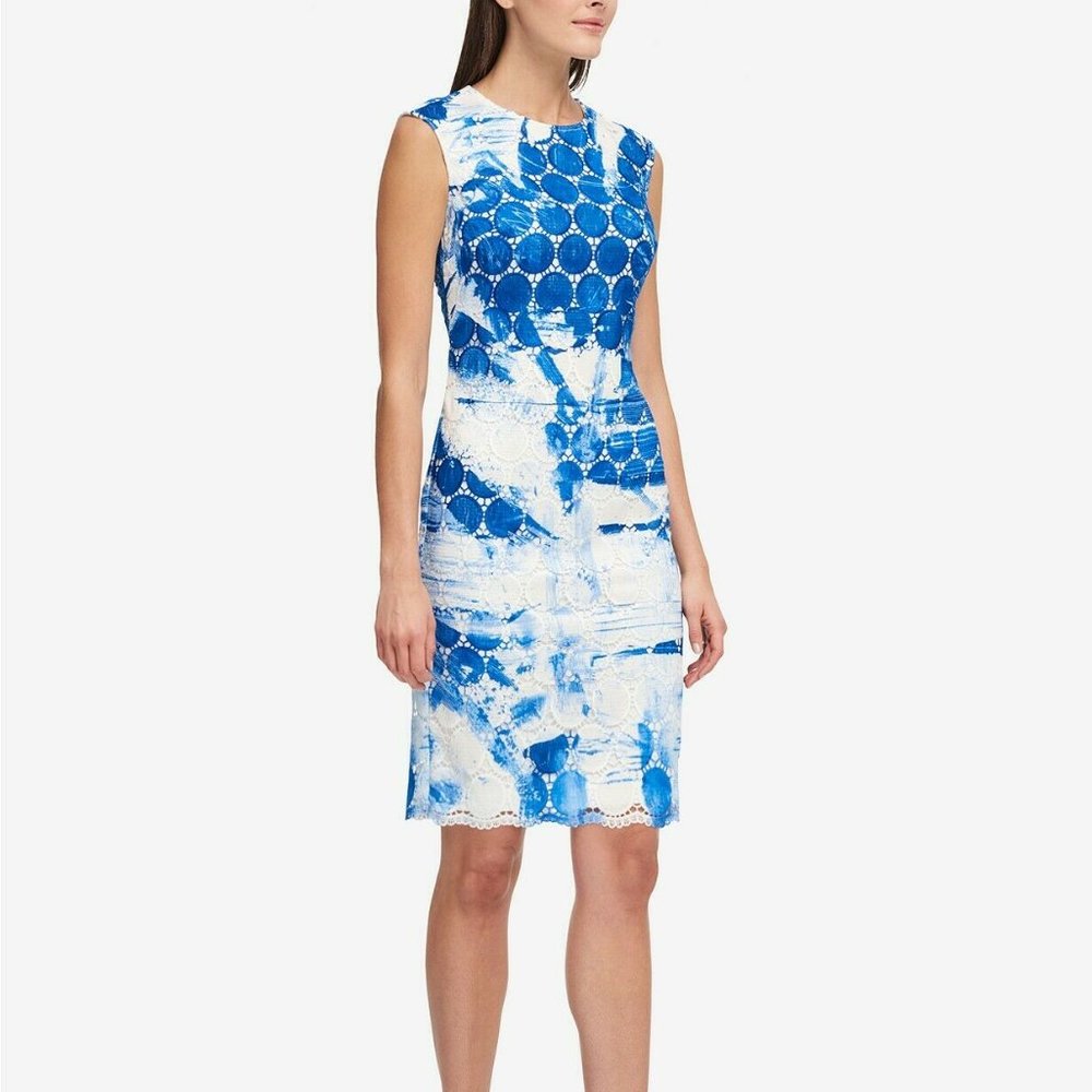 DKNY Blue and White Sleeveless Lace Sheath Dress with Abstract Print
